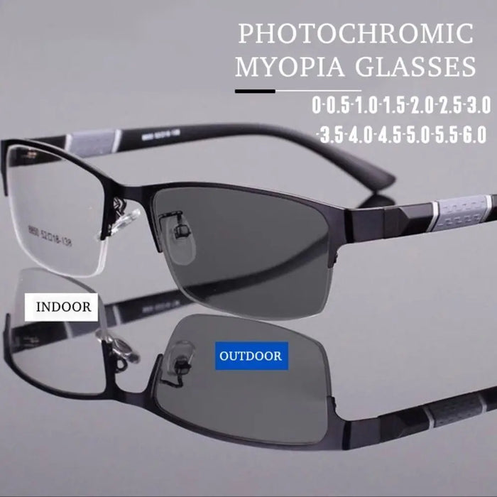 1PC Men's Business Photochromic Myopia Glasses Half Frame Metal Blue Light Blocking Eyewear Classic UV Shades Sunglasses