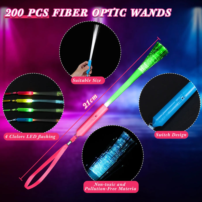24-200Pcs Fiber Optic Wands Glow LED Light up Wand Bulk Flashing Sticks with Included Batteries for Party Favor Wedding Birthday