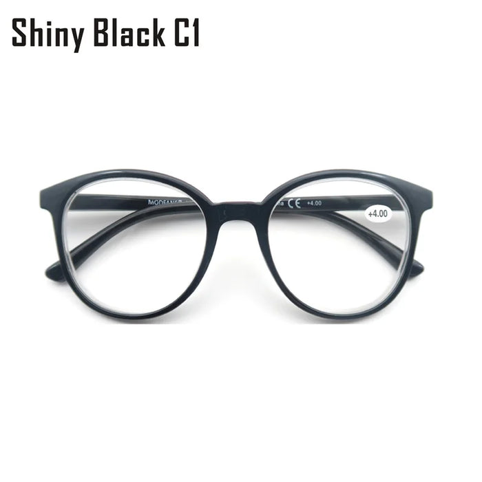Round Reading Glasses Women Readers Eyeglasses Classic Frame Flexble Plastic Spring Hinge Lightweight Wear with Diopter +1.0~4.0