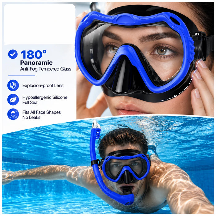 Dry Top Anti-Leak Snorkel Set, Adult Anti-Fog Tempered Glass Mask SoftSiliconeSnorkelTubeforOceanSnorkelingSwimmingBeachVacation