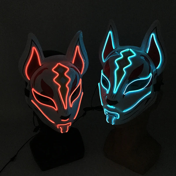 LED Fox Mask Neon Light Up Japanese Kitsune Mask for Halloween Cosplay Party Rave Festival Costume Glowing EL Wire Masque