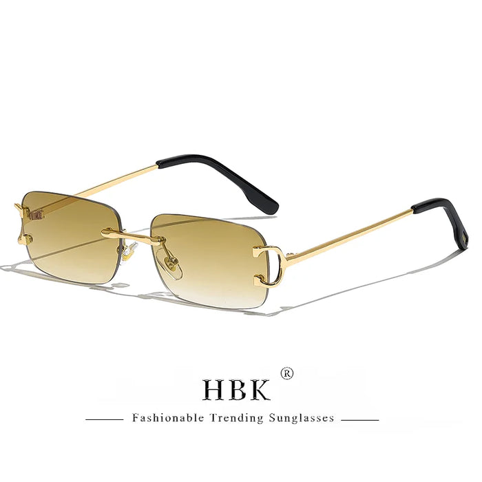HBK Retro Rimless Small Sunglasses Women Metal Rectangle Gold Frame Brand Design Men Eyewear Driving Travel Beach Eyewear UV400