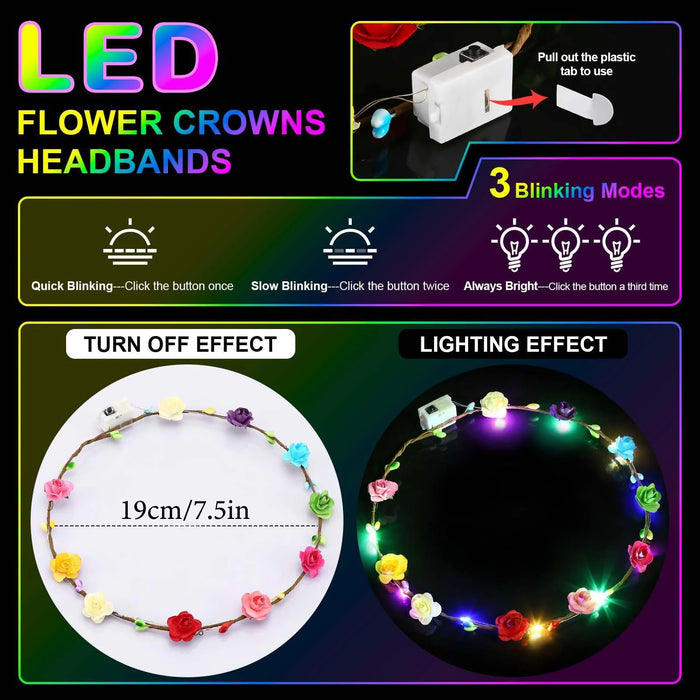 10-300Pcs LED Flower Crowns Light Up Headbands Glowing Flower Crown Garland Glow in the Dark Headband for Wedding Party favors