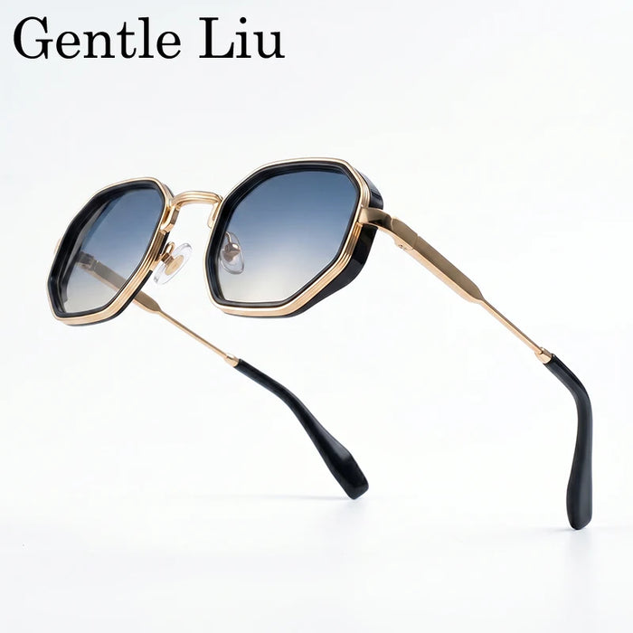 Lunettes de soleil polygonales carrées Steampunk Homme 2026, marque de luxe, monture métallique géométrique vintage, verres dégradés photochromiques