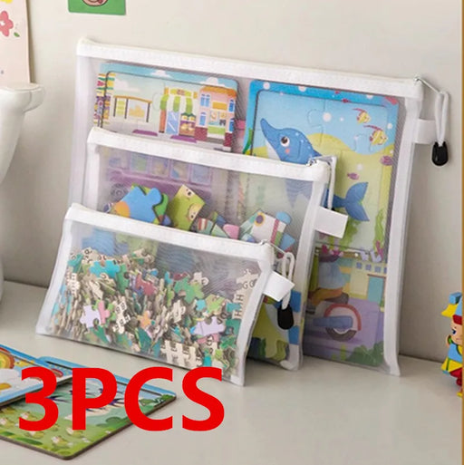 Bolsa de archivo de malla con cremallera, bolsa de almacenamiento de juguetes, bolsa de subembalaje de rompecabezas de bloques de construcción, caja de almacenamiento transparente con cremallera para niños