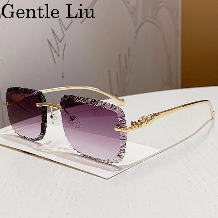 Gafas de sol de moda cuadradas sin montura estilo punk para hombre 2025 de marca de lujo con borde cortado sin marco gafas de sol para hombre con cabeza de leopardo