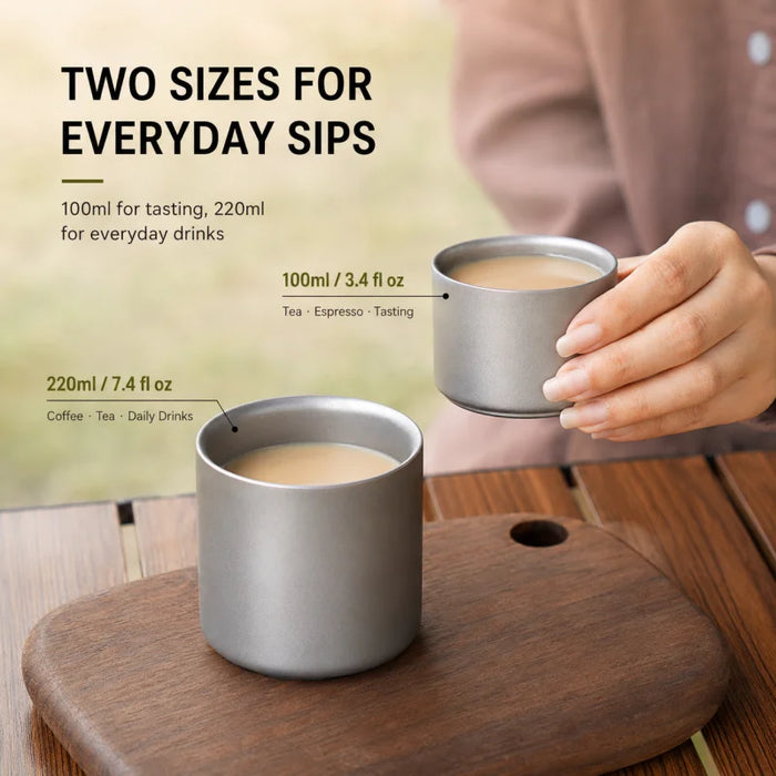 Pure Titanium Double-Wall Cup Set, 100ml & 220ml Coffee and Tea Cups, Lightweight Nesting Drinkware for Home Travel and Outdoors