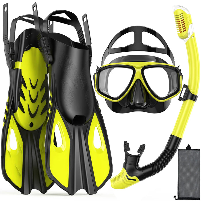 Mask Fins Snorkel Set 4 in 1 Panoramic View Dry Top Adjustable Short Dive Flippers Travel Bag Scuba Gear Diving Swimming Adults