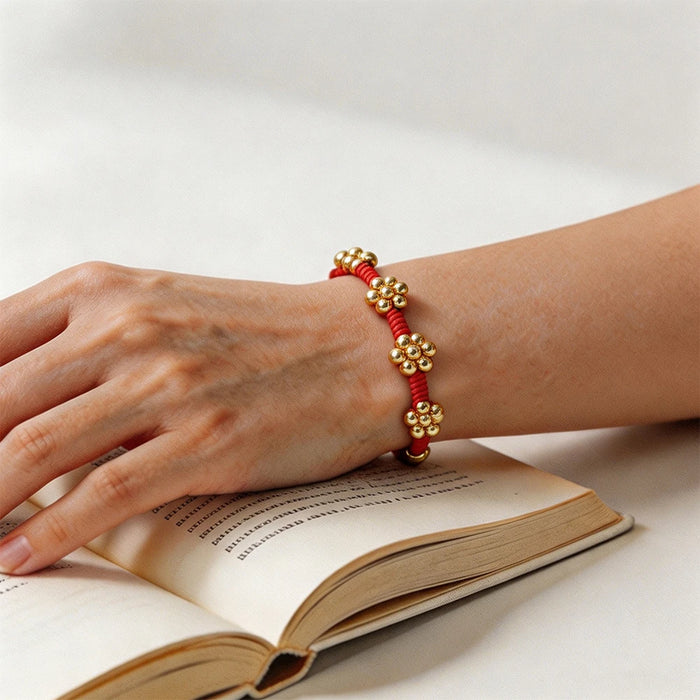 Handmade Adjustable Red Braided Rope Bracelets 5mm Copper Beads Flower Shape Lucky Bangle Women Daily Wear Fashion Jewelry Gifts