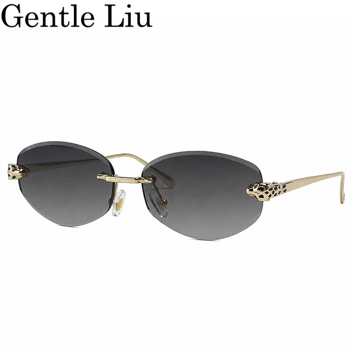 Rimless Leopard Head Sunglasses Men Luxury Designer Vintage Small Oval Sun Glasses Male Metal Frame Eyewear Retro Driving Shades