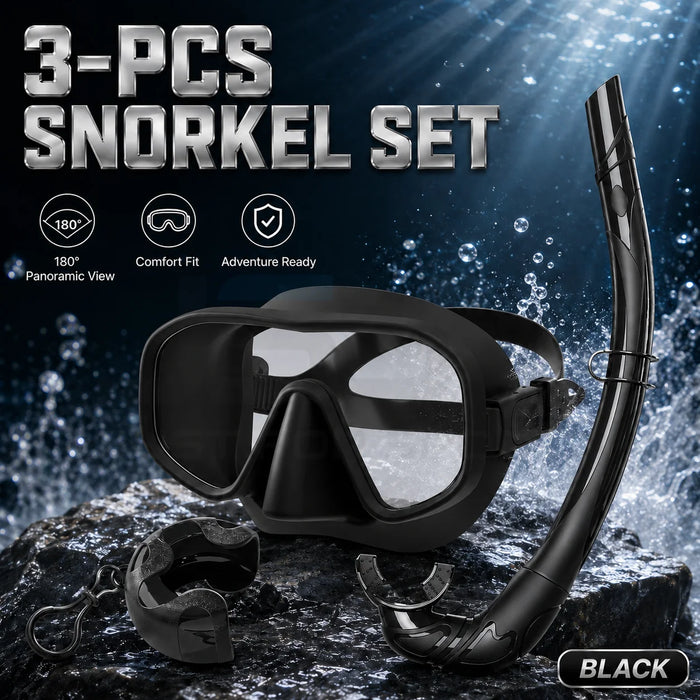 JSJM New 3PCS Snorkel Set Diving Mask Wet Snorkel Anti Fog Leak Proof Tempered Glass Wide View Silicone for Adults Men Women