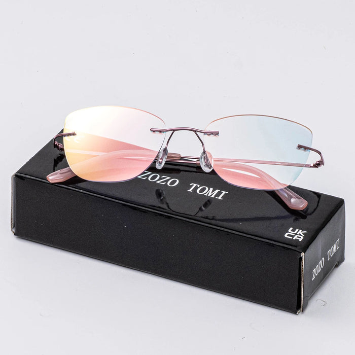 Gafas de lectura multifocales progresivas para mujer sin montura, antiluz azul, presbicia, gafas de lujo con corte de borde morado y rosa