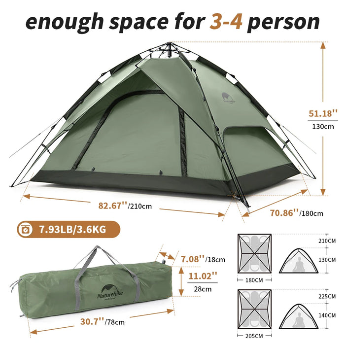 Naturehike 3-4 Person Tent Ultralight Waterproof Automatic Tent Portable 3 Season Backpacking Tent Outdoor Hiking Camping Tent