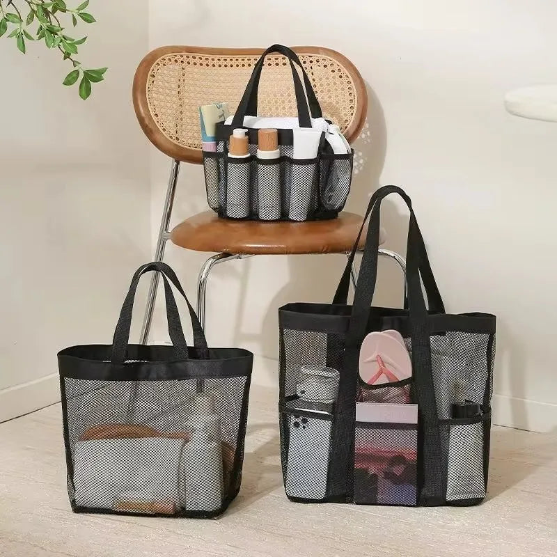 Bolsa de almacenamiento portátil de malla, organizador de ducha colgante para artículos de tocador y baño. Gran capacidad para playa, piscina, gimnasio y viajes.