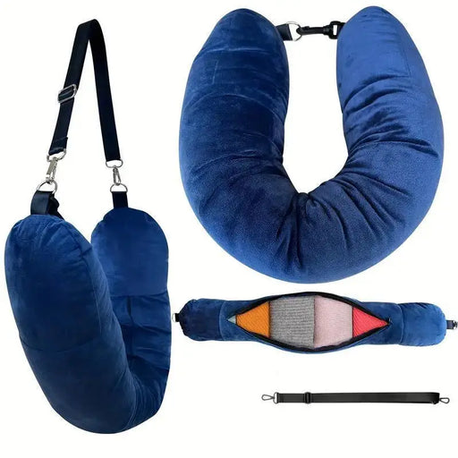 Oreiller de voyage pour avion avec housse de rangement pour vêtements, taie d'oreiller en forme de U en velours cristal