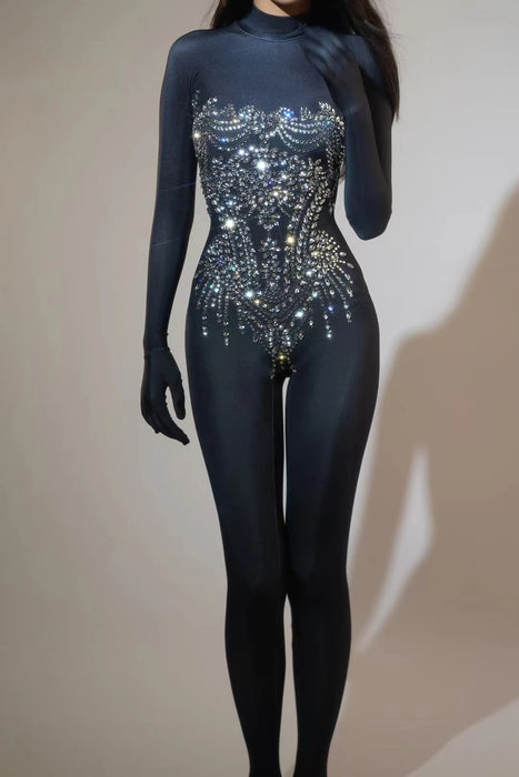 Combinaison scintillante en strass pour femmes, manches longues, tenue de soirée boîte de nuit, bal, tenue de chanteuse danseuse, costume de danse de performance, vêtements de scène B171
