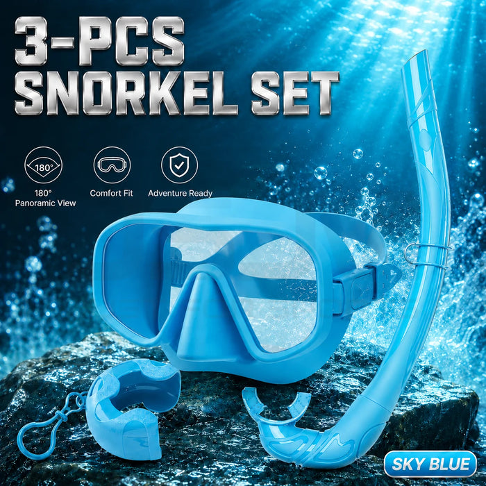 JSJM New 3PCS Snorkel Set Diving Mask Wet Snorkel Anti Fog Leak Proof Tempered Glass Wide View Silicone for Adults Men Women