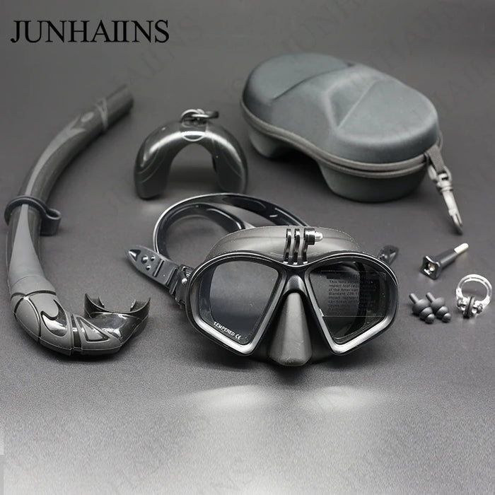 Wet Low Volume Diving Mask Tempered Glass Freedive Mask J-type Diving Mask Snorkel Set with Camera Mount Black
