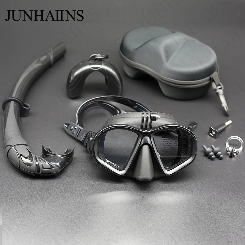 Wet Low Volume Diving Mask Tempered Glass Freedive Mask J-type Diving Mask Snorkel Set with Camera Mount Black