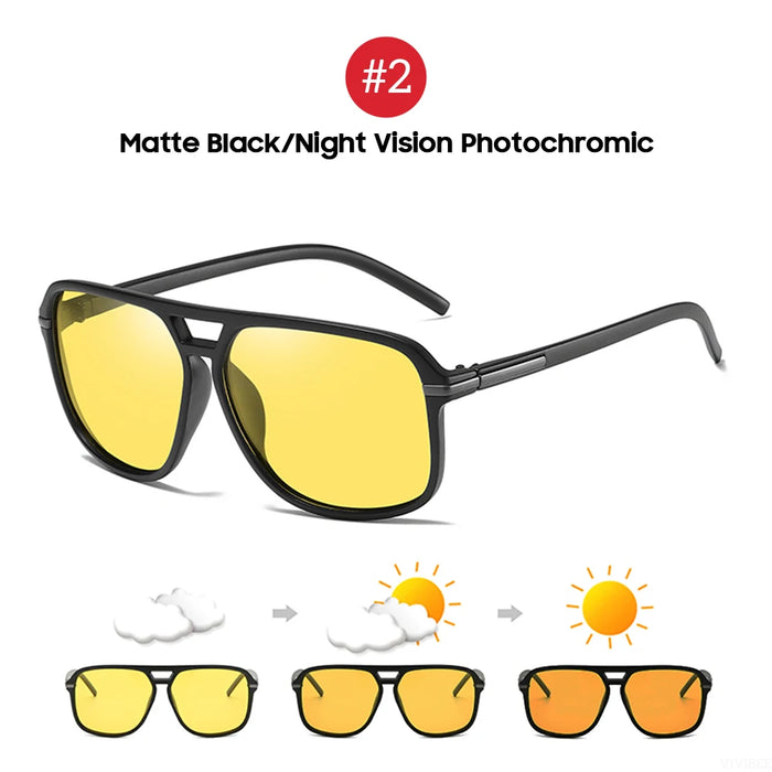 VIVIBEE Gafas de visión nocturna polarizadas amarillas retro cuadradas grandes fotocromáticas para hombre, gafas de sol de moda para conducir para mujer