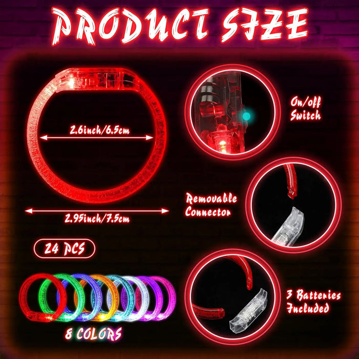 24 bracelets lumineux à LED clignotants pour poignet, bracelets phosphorescents pour fêtes, mariages et carnavals