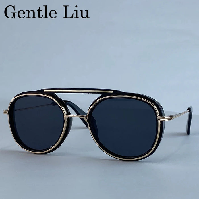 Steampunk Round Sunglasses Men 2026 Luxury Brand Vintage Oval Punk Sunglass Metal Frame Double Beam Eyewear Trendy UV400 Shades