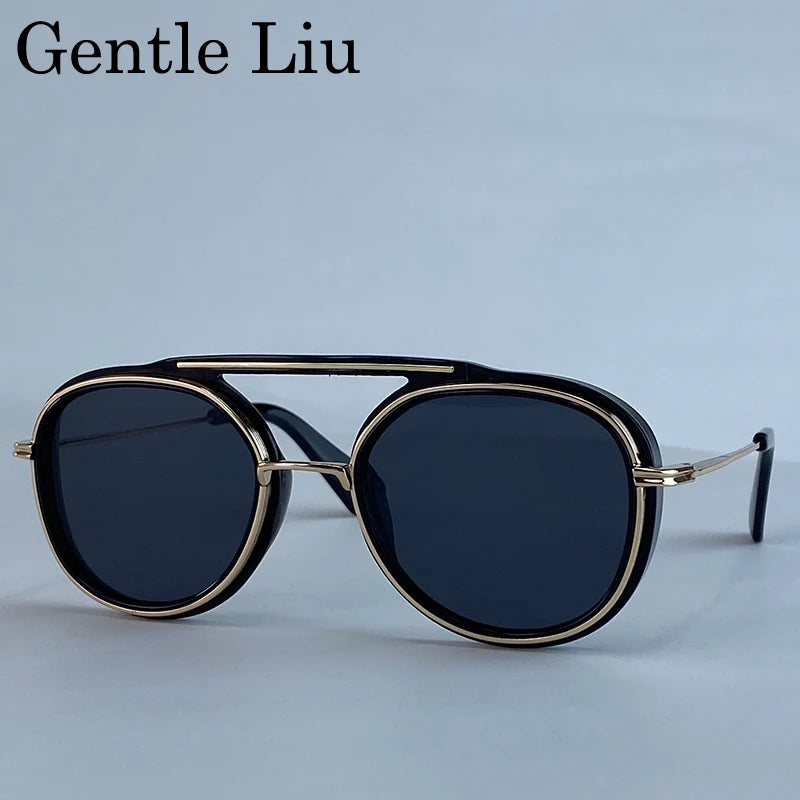 Steampunk Round Sunglasses Men 2026 Luxury Brand Vintage Oval Punk Sunglass Metal Frame Double Beam Eyewear Trendy UV400 Shades