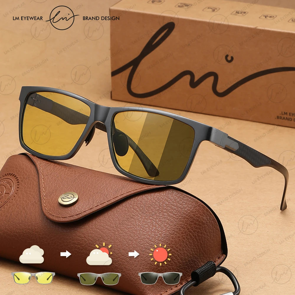 LM High Quality Aluminum Magnesium Frame Polarized Sunglasses Man Photochromic Yellow Night Vision Anti-glare Driving Glasses