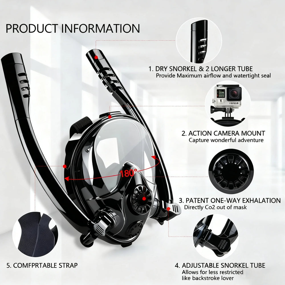 Adults Full Face Snorkel Mask Double Breathing Tube 180° Wide-Eye Panoramic Vision Advanced Anti-Fog Swim Leak-Proof Adventures