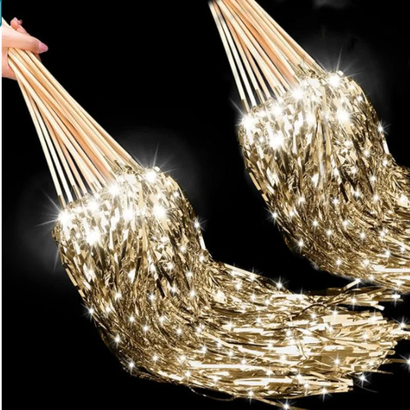 10PCS Light Up Wedding Sparklers LED Wedding Tassel Rain Silk Fairy Stick with Wooden Strip for Birthday Concert New Year Raves