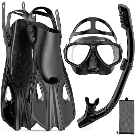 Set de máscara, aletas y tubo 4 en 1, visión panorámica, snorkel de tubo seco, aletas de buceo cortas ajustables, bolsa de viaje, equipo de buceo y natación para adultos