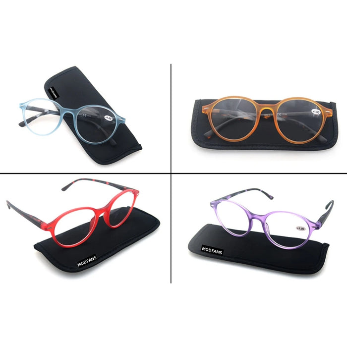 Lunettes de lecture rondes à charnière à ressort pour femmes, légères, presbytes, monture classique multicolore (rouge/bleu/violet/orange)