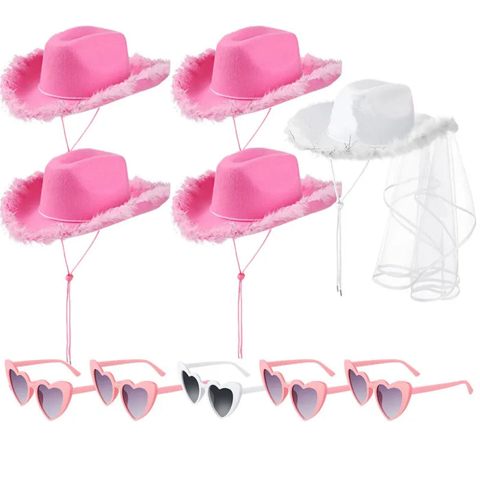Lot de 5-12 Chapeaux de cow-girl/cowboy pour enterrement de vie de jeune fille, mariage, avec bandana en strass et lunettes en forme de cœur pour une dernière soirée disco