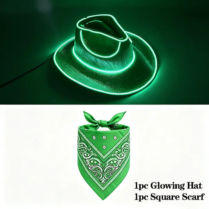 Juego de sombrero de vaquero que brilla con alambre EL, pañuelo cuadrado, luz de neón, sombrero para mujeres y hombres, fiesta de Halloween, disfraz de cosplay
