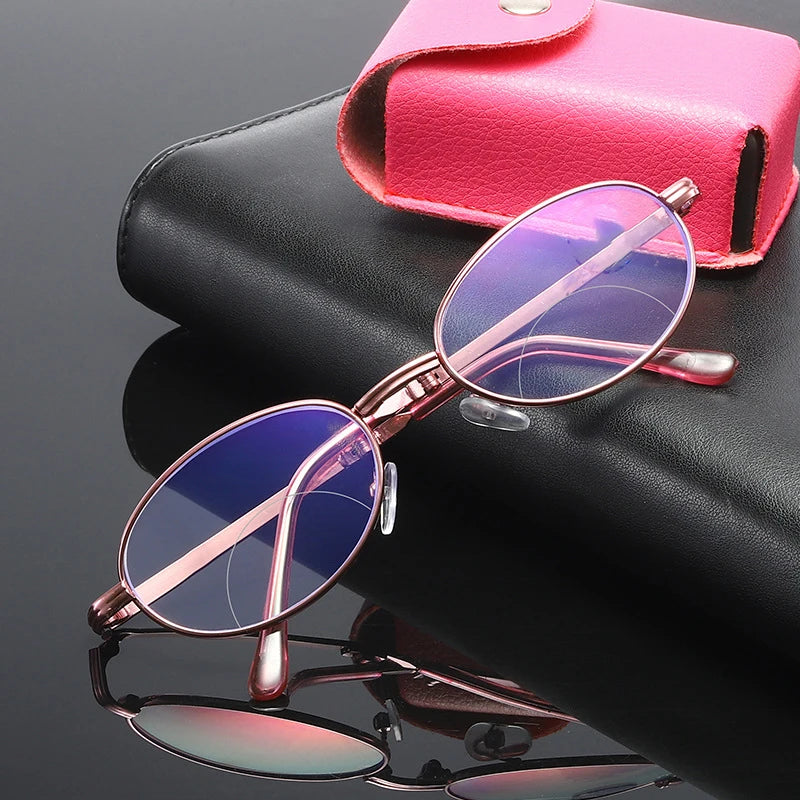 Women's bifocal reading glasses with anti-blue light, folding case, oval pink, for presbyopia.
