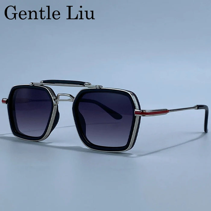 Steampunk Square Sunglasses Men 2026 Luxury Brand Polygon Metal Double Beam Sun Glasses For Male Driving Eyewear UV400 Shades