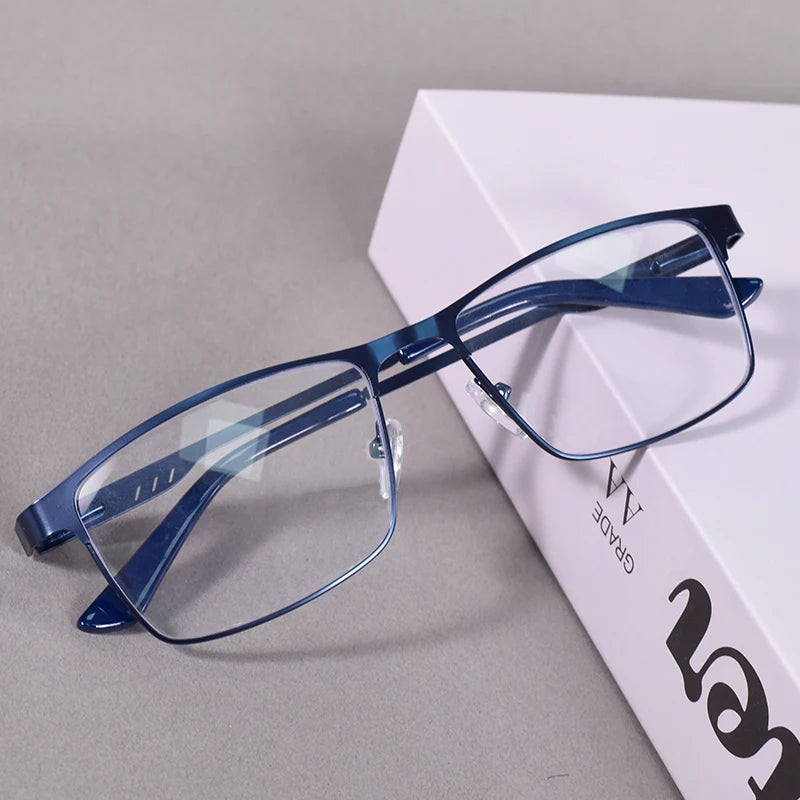 Lunettes de Lecture Anti-Lumière Bleue May Flower Homme Monture Métallique Prescription Avec Charnière à Ressort Cadre Bleu Pour Hommes +75+175