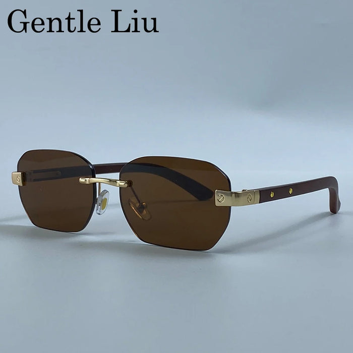 Gafas de sol pequeñas cuadradas sin montura para hombre 2026, de lujo, de diseñador, vintage, poligonales, rectangulares, con montura metálica dorada, estilo retro