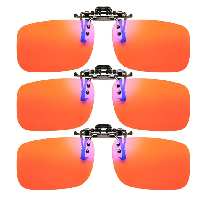 Antilentes de luz azul con clip Lentes rojos con clip para dormir mejor Lente naranja con clip para jugar o trabajar Lente amarilla polarizada para conducir