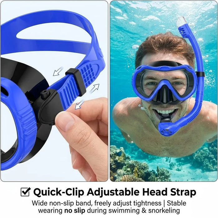 Dry Top Anti-Leak Snorkel Set, Adult Anti-Fog Tempered Glass Mask SoftSiliconeSnorkelTubeforOceanSnorkelingSwimmingBeachVacation