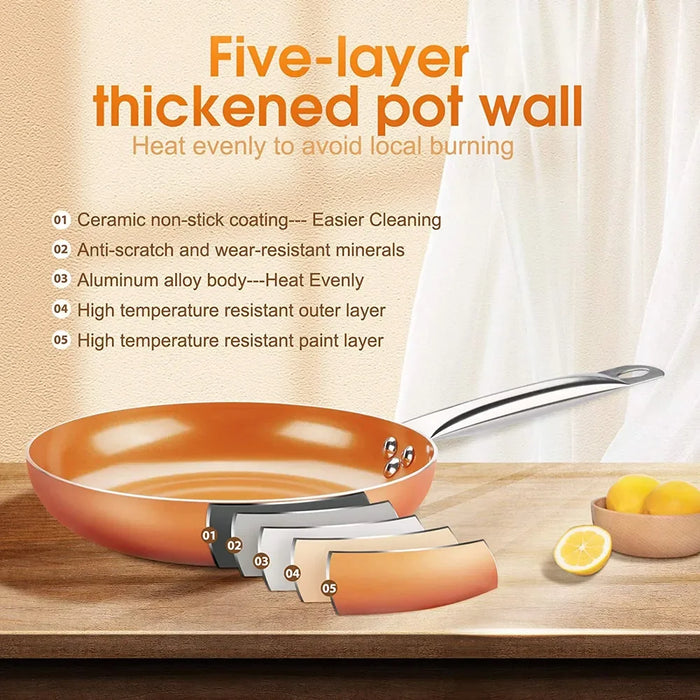 Sartén de Cobre Antiadherente de 8/10/12 Pulgadas, Sartenes de Cocina para Huevos, Bistec, Pescado, Cocinar, Freír, Apta para Uso General en Cocinas de Gas e Inducción