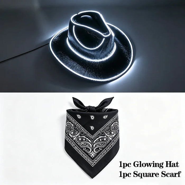Juego de sombrero de vaquero que brilla con alambre EL, pañuelo cuadrado, luz de neón, sombrero para mujeres y hombres, fiesta de Halloween, disfraz de cosplay