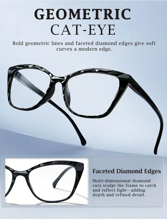 MODFANS Gradient Cat-Eye Polygonal Blue Light-Blocking Reading Glasses, Geometrically Cut Clear PC, for Women, +0.5 to +4.0.