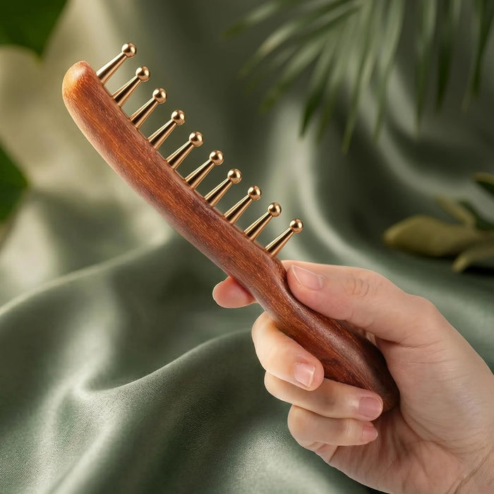 Sandalwood Copper Bead 10 Tooth Scalp Massage Comb and Acupressure Face Massager for Jaw Tension Relief Facial & Neck Relaxation