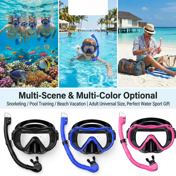 Dry Top Anti-Leak Snorkel Set, Adult Anti-Fog Tempered Glass Mask SoftSiliconeSnorkelTubeforOceanSnorkelingSwimmingBeachVacation