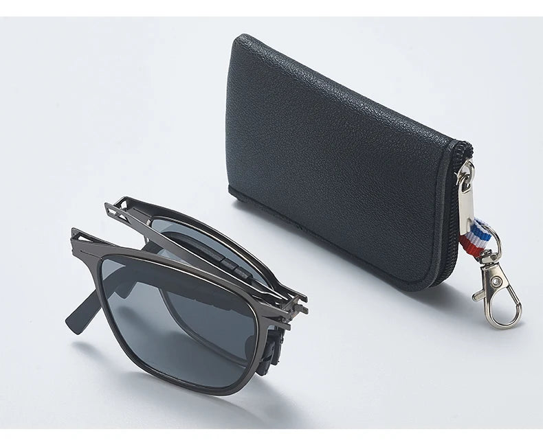 Gafas de sol fotocromáticas polarizadas para hombre, ligeras, plegables, con funda, montura cuadrada clásica de metal con bisagras para conducir y pescar
