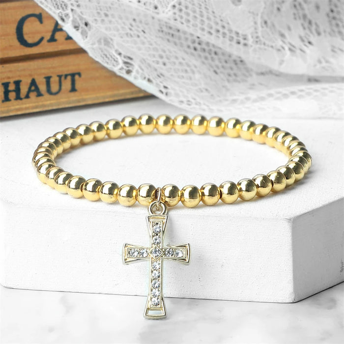 5mm Copper Beaded Bracelets With Alloy Cross Pendant Bangles Fashion Women Elastic Rope Wristbands Men Energy Yoga Jewelry Gifts