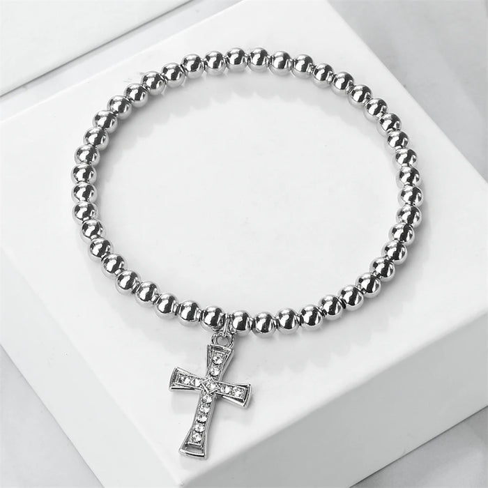 5mm Copper Beaded Bracelets With Alloy Cross Pendant Bangles Fashion Women Elastic Rope Wristbands Men Energy Yoga Jewelry Gifts