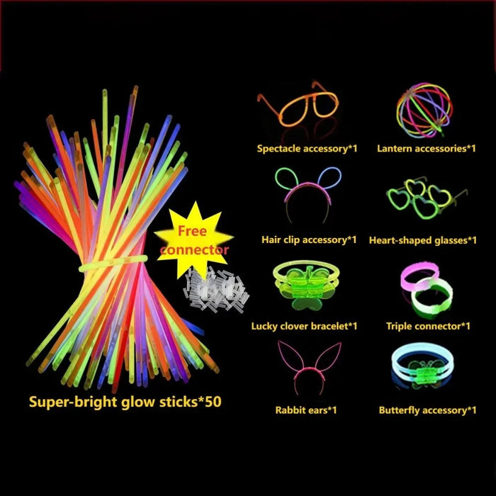 50/100PCS Glow Stick Set with 17 Accessories DIY Perfect for Vibrant Party Supplies for Concert Halloween Festivals Events‌ Part