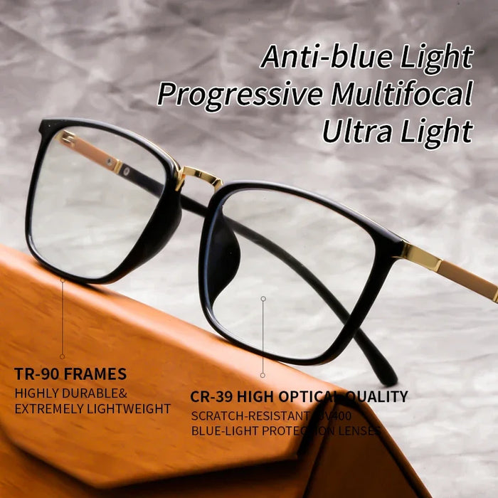 Progressive Multifocal Reading Glasses for Men, Anti Blue Ray Anti-fatigue Presbyopia Eyeglasses,Square Computer Glasses